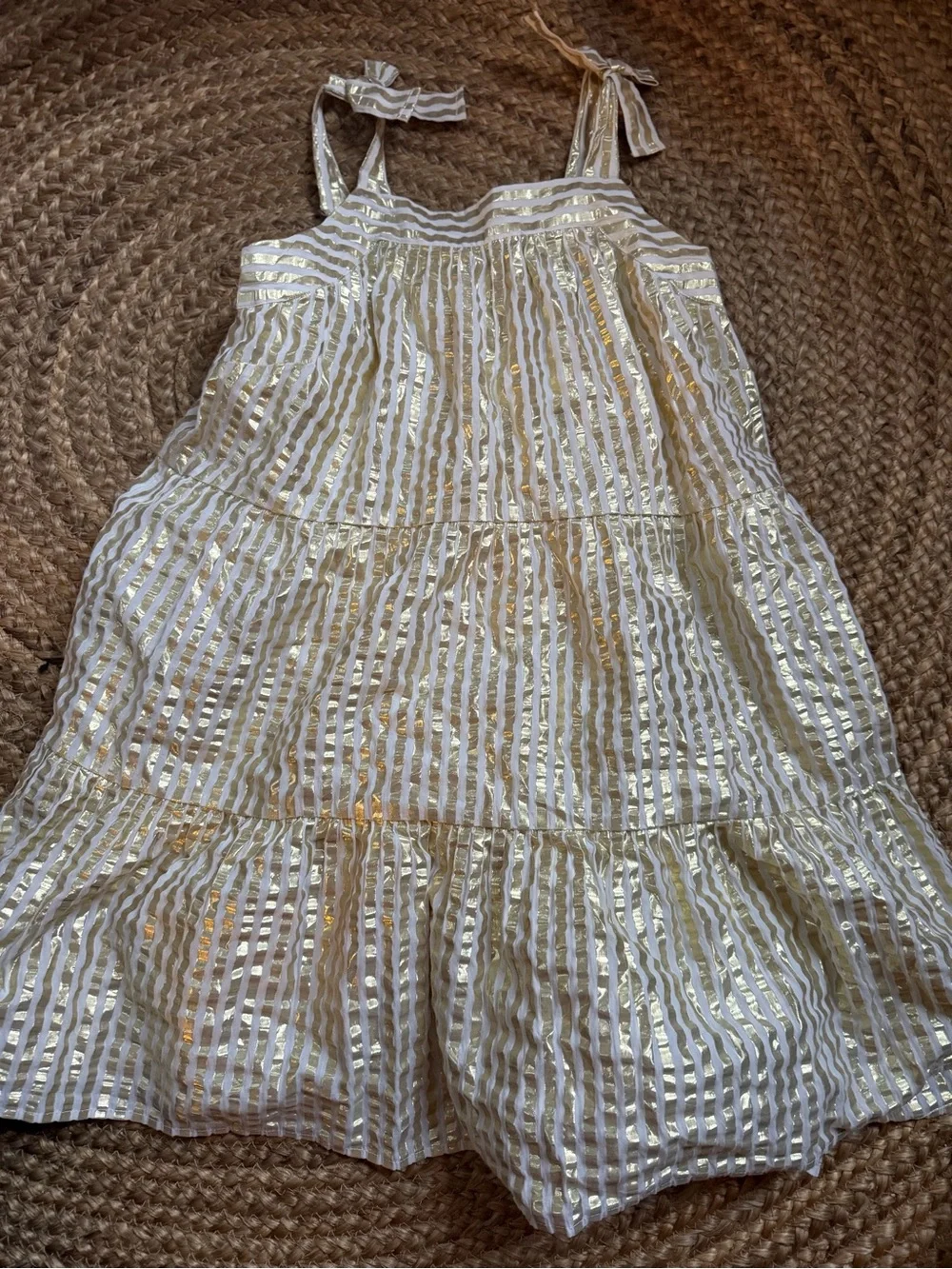 Girls' Crewcuts White & Gold Metallic Striped Sundress with Tie-Strap Shoulders